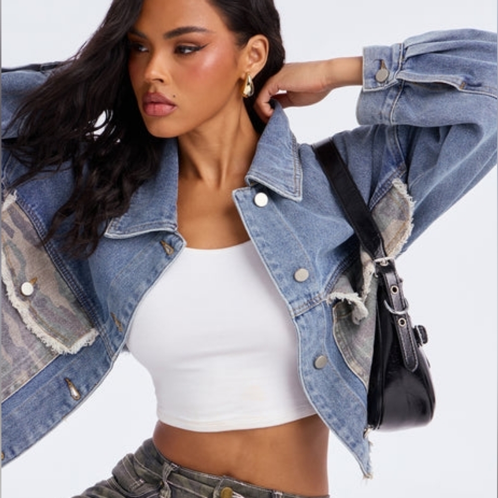 Denim and Camo Patchwork Shacket NWT - image 3